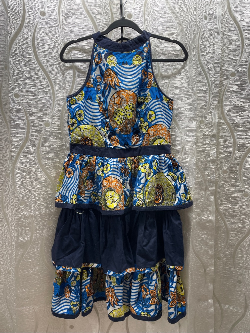 Hand Crafted Navy & Multicolor Tiered Halter Midi Dress (need repair)